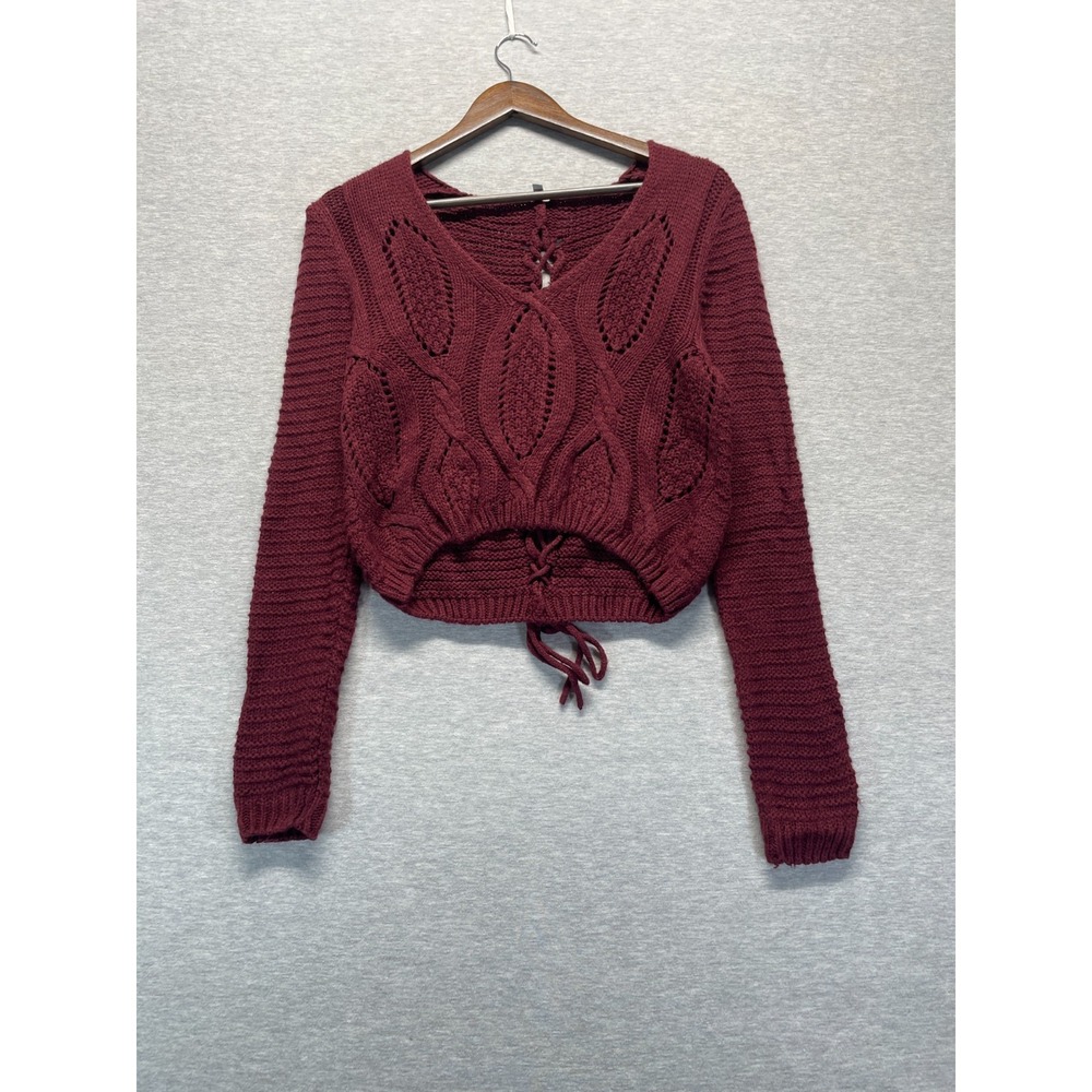 Charlotte Russe Crop Sweater Womens Small Maroon Eyelet Cable Knit Lace-Up Back